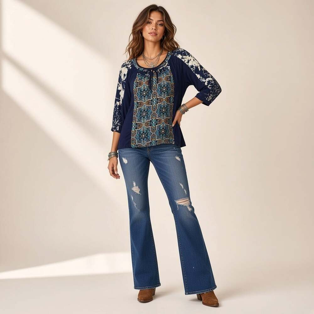 Fig and Flower Boho Moroccan Medallion Mixed Print Tie Neck Blouse 3/4 Sleeve M
